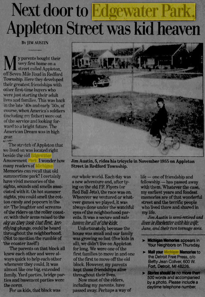 Edgewater Park - KID LIKED LIVING NEXT TO THE PARK MAY 18 2000 ARTICLE